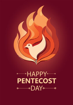 A vibrant graphic illustration celebrating pentecost day with a dove engulfed in fiery orange and red flames