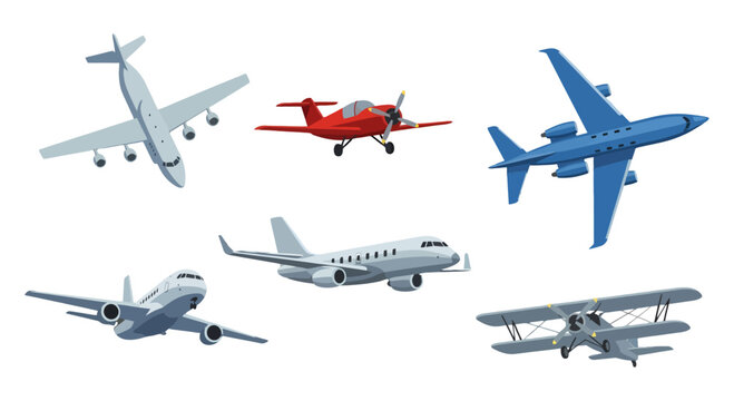 Diverse cartoon airplanes collection passenger jets propeller planes biplanes various aircraft in flight.