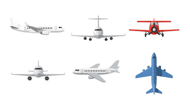Diverse collection of six distinct airplane illustrations in various poses including passenger jets private plane and a red biplane.