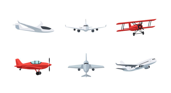 Diverse collection of stylized aircraft illustrations featuring modern jets classic biplane propeller plane and sleek glider designs.