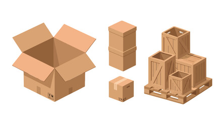Fototapeta premium Isometric brown cardboard boxes and wooden crates open closed stacked on a pallet depicting shipping and logistics.