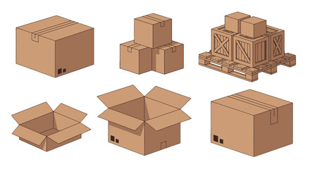 Fototapeta premium Isometric brown cardboard boxes open and closed stacked with wooden crates and pallet for shipping and delivery.