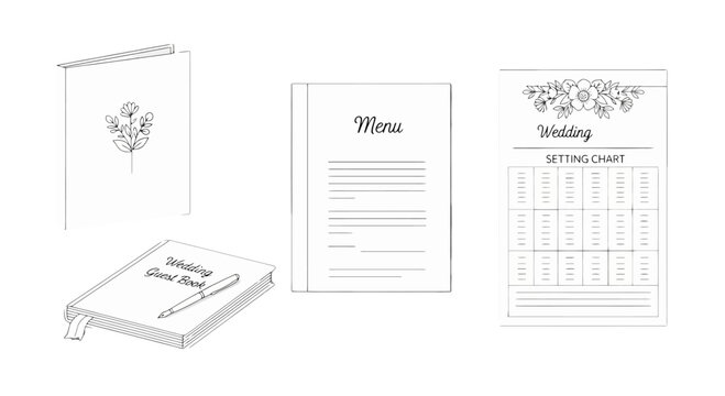Handdrawn minimalist wedding stationery collection elegant guest book menu seating chart and floral card.
