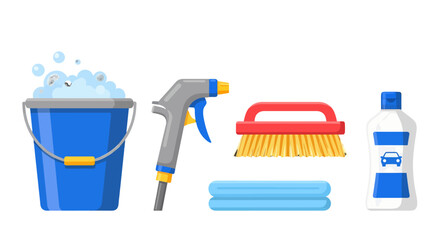 Set of colorful car wash tools including a blue bucket with foam spray nozzle brush towels and soap bottle.