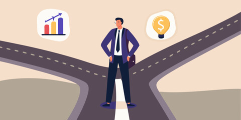 A businessman stands at a crossroads with symbols of growth and innovation © Dibyendu