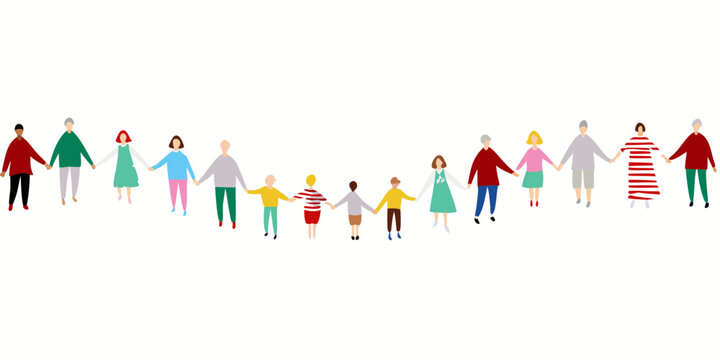 A diverse group of people holding hands in a horizontal line