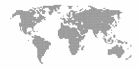 Pixelated world map illustration on a clean white background