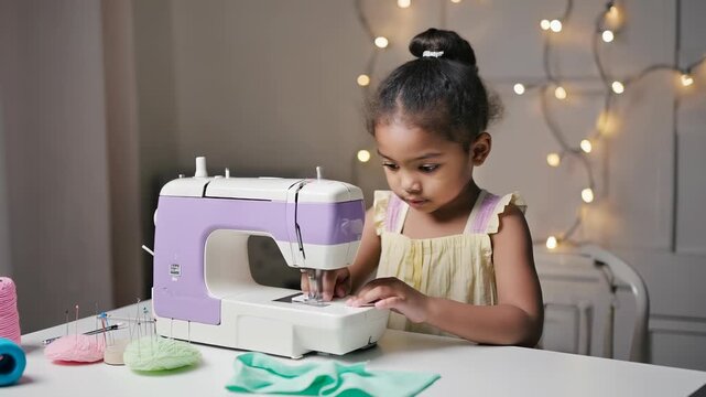 A young Black girl sews pastel fabric with a kid-safe sewing machine. Fairy lights shine above her as she focuses on her creative work at the table