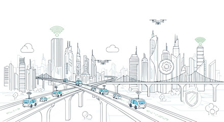 Fototapeta premium Minimalist Line Art Smart City Infrastructure Illustration with Connected Autonomous Vehicles