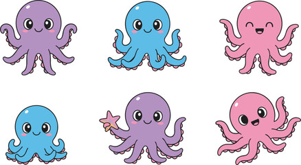 Cute Octopus Cartoon Set Isolated on White Background Flat Vector Illustration © Daloara PNG Store