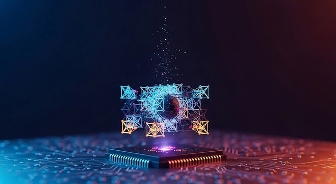 Futuristic Microchip with Digital Data Cloud and Glowing Circuits.