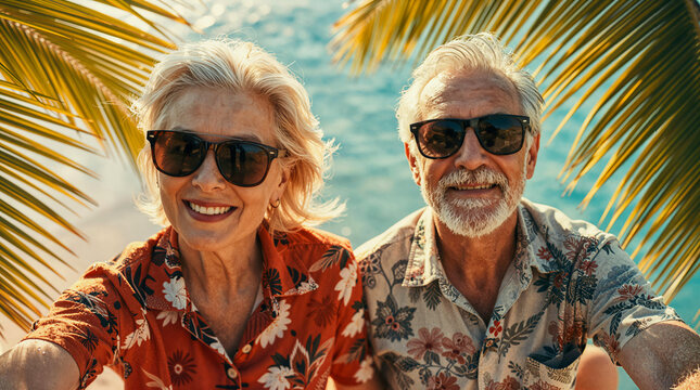 AI-generated image of a Canadian couple, a snowbird senior on a tropical beach