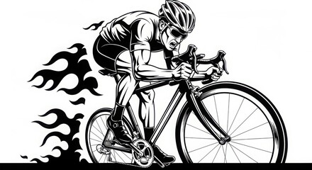 Obraz premium Dynamic black and white illustration of a determined cyclist in full sprint, with fiery trails symbolizing speed and power, perfect for sports and fitness themes.