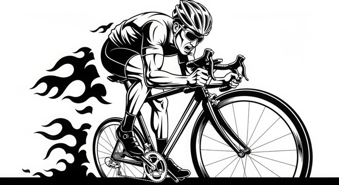 Dynamic black and white illustration of a determined cyclist in full sprint, with fiery trails symbolizing speed and power, perfect for sports and fitness themes.