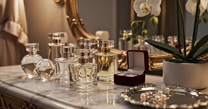 Elegant Glass Perfume Bottles and Jewelry on Marble Dressing Table