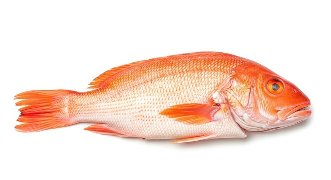 A vibrant orange fish with white underbelly swimming in a clear aquatic environment viewed from the side