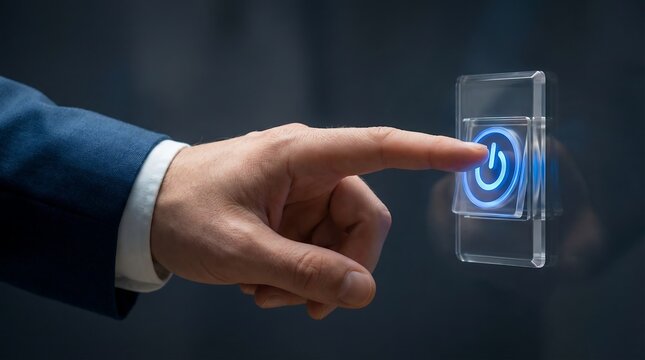 A professional hand in a blue suit sleeve presses a glowing blue digital power button on a sleek dark surface, symbolizing activation.