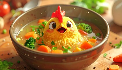 Cartoon chicken character in a bowl of vegetable soup culinary illustration