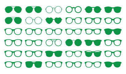Green Glasses and Sunglasses Collection on White Background
