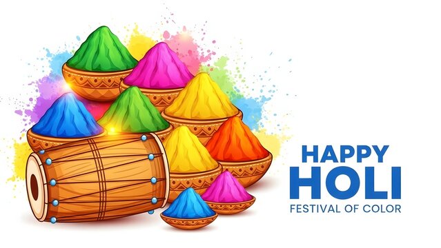 Vibrant holi celebration with colorful powder in baskets