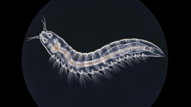 Microscopic transparent larva with segmented body and feathery appendages moving slowly