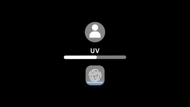 Ultra modern biometric security interface displaying U V fingerprint scan authentication with sleek user profile and dynamic loading bar
