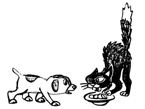 Funny pet conflict: Original hand-drawn illustration of an angry cat guarding a food bowl from a curious puppy.