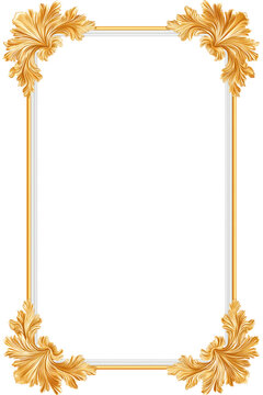 Elegant gold frame with ornate baroque corners. Classic decorative border isolated on a white background. Vintage design element with copy space for text