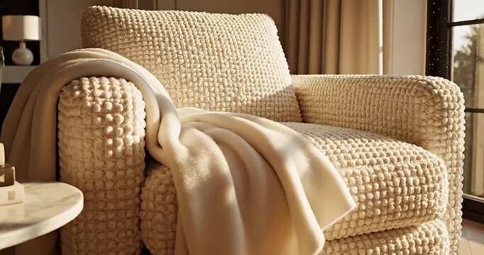Cozy Beige Boucle Armchair with Soft Cream Blanket in Modern Living Room