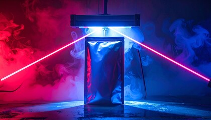 Futuristic Laser Beam Installation Mockup with Podium, Lights, and Fog in a Dark Room