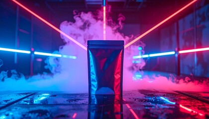 Futuristic product mockup display with sleek technology and neon lights in a dark room with foggy atmosphere and vibrant colors