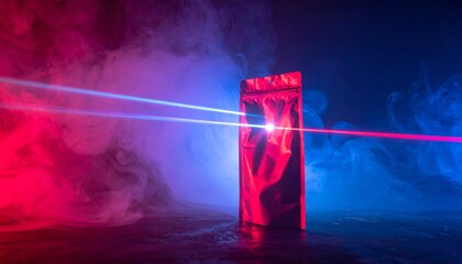Energy drink can mockup with vibrant red and blue laser beams in a dark, smoky environment