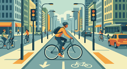 Fototapeta premium Cyclist in City CommuteFlat vector illustration of a cyclist commuting in a city. Buildings, traffic lights, and bike lane visible. Flat vector style, modern urban transportation theme.