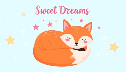 Cartoon fox sleeping curled up illustration with stars on light blue background