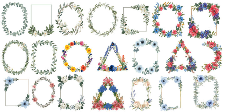 Floral Frames Decorative Design Elements For Wedding Cards Invitations Postcards Botanical Typography Illustration Set.