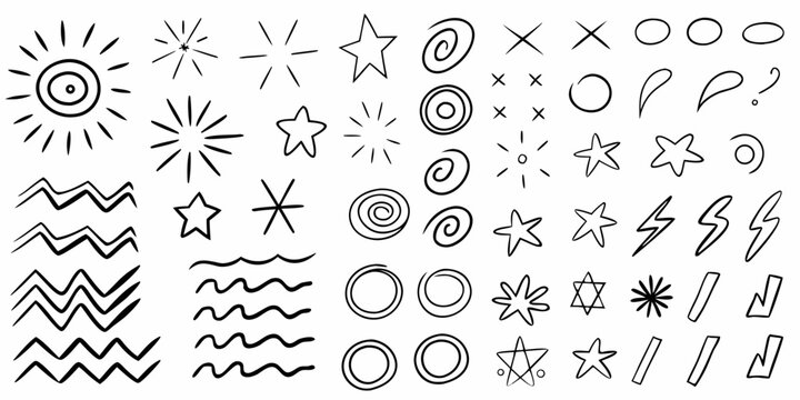 Collection of hand drawn doodle shapes and whimsical line art elements