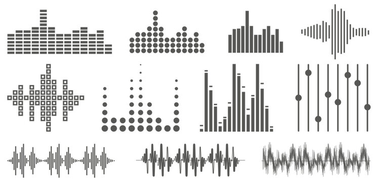 Podcast sound waves. Audio wave forms line, sound wave frequency or voice microphone signals. Music, podcast and broadcast and audio branding design. Sound wave