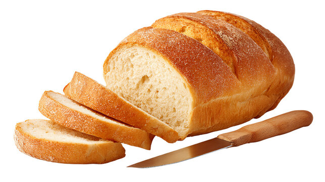 Freshly baked bread loaf with sliced pieces and a wooden knife on a white isolated background.