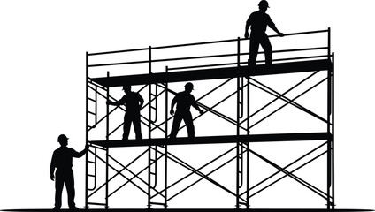 Construction workers on scaffolding silhouette maintenance building repair site safety labor vector illustration industrial work platform scene