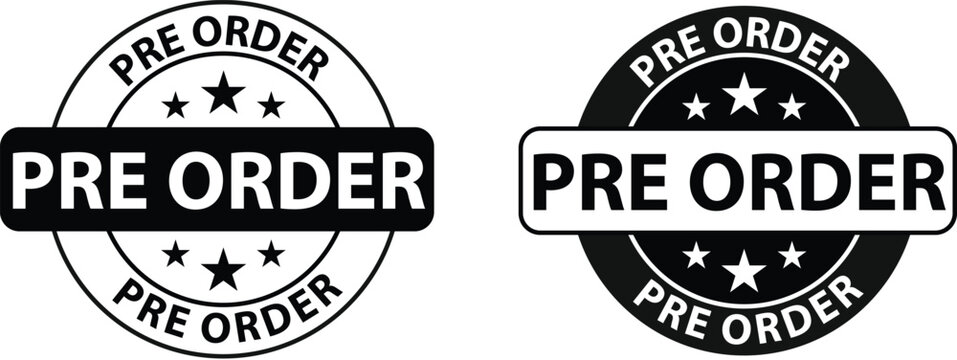 Pre Order rounded icon. Pre Order symbol. black and white round pre-order stamps. flat style.
