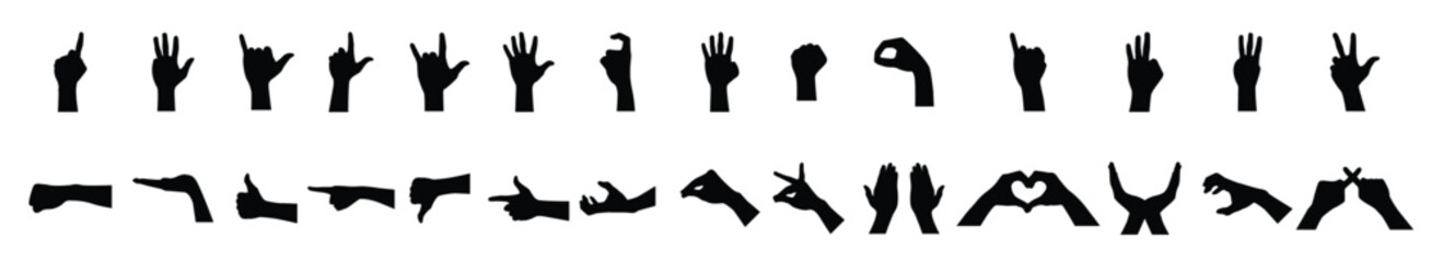 Fototapeta premium Hand gesture silhouettes sign language communication symbols set. A collection of various hand gesture and hand position silhouettes, vector illustration.