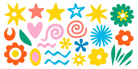 Colorful assortment of playful shapes and floral designs on a white background