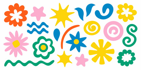 Colorful floral and abstract shapes arranged on a white background © Ripan