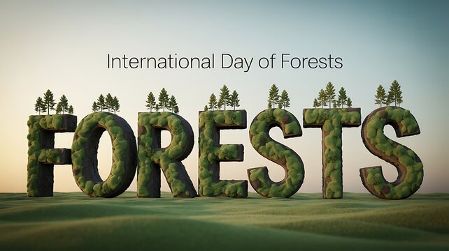International day of forests creative 3d typography with lush green tree covered letters standing on grass promoting forest conservation