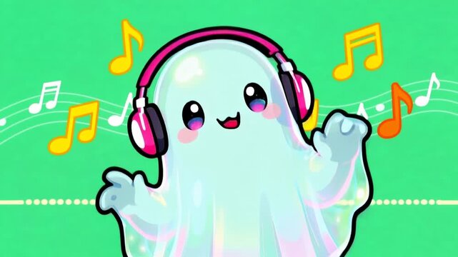 Cute cartoon ghost wearing headphones dancing to music. 4K Video