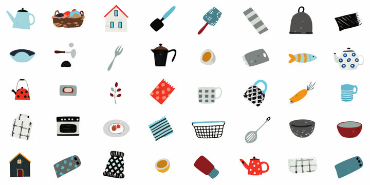 Collection of colorful flat design icons representing various household objects