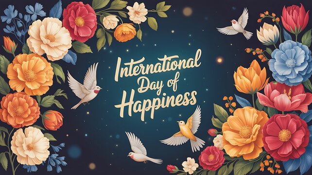 International day of happiness floral illustration with colorful blooming flowers and flying birds creating a joyful elegant celebration design
