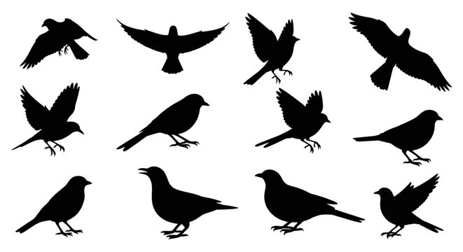 Set of black bird silhouettes in various flying and perching poses, isolated PNG with Transparent Background