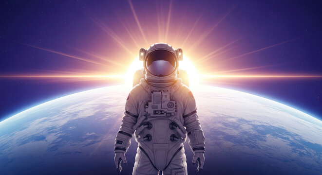 Astronaut in space suit standing before a radiant planet