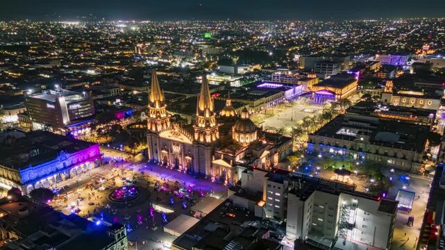 Night timelapse of Guadalajara Cathedral and historic downtown skyline